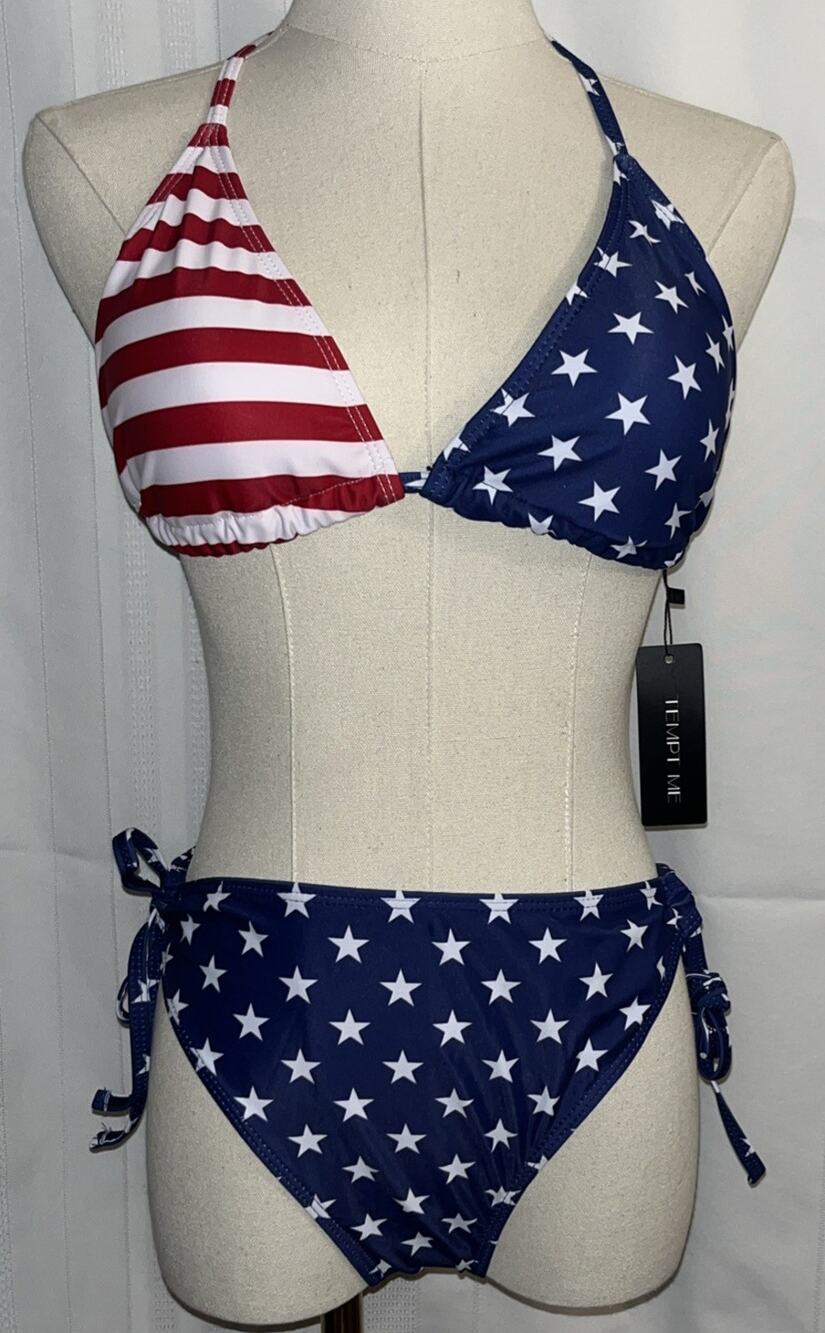 Tempt Me Women 2-Piece Bikini American Flag Halter String Triangle Bikini M